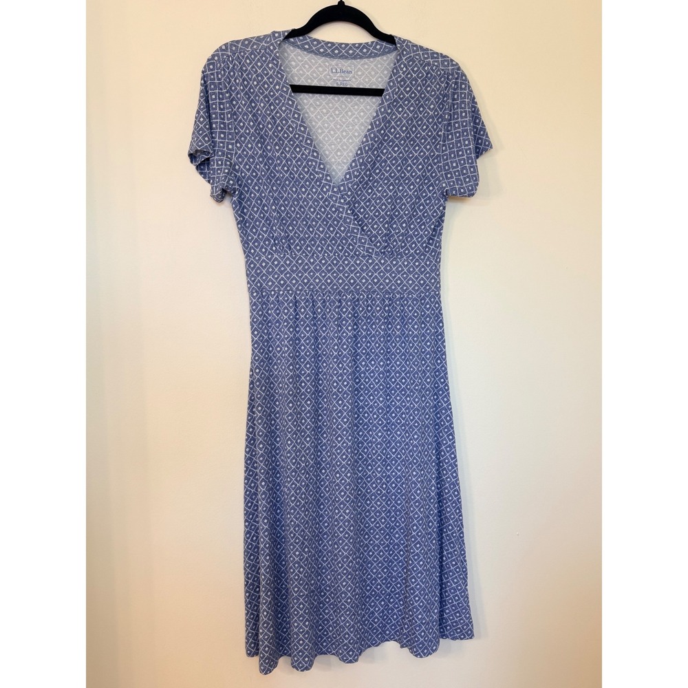 LL Bean Womens Blue Geometric Diamond Print V-Neck A-Line Dress S 506808